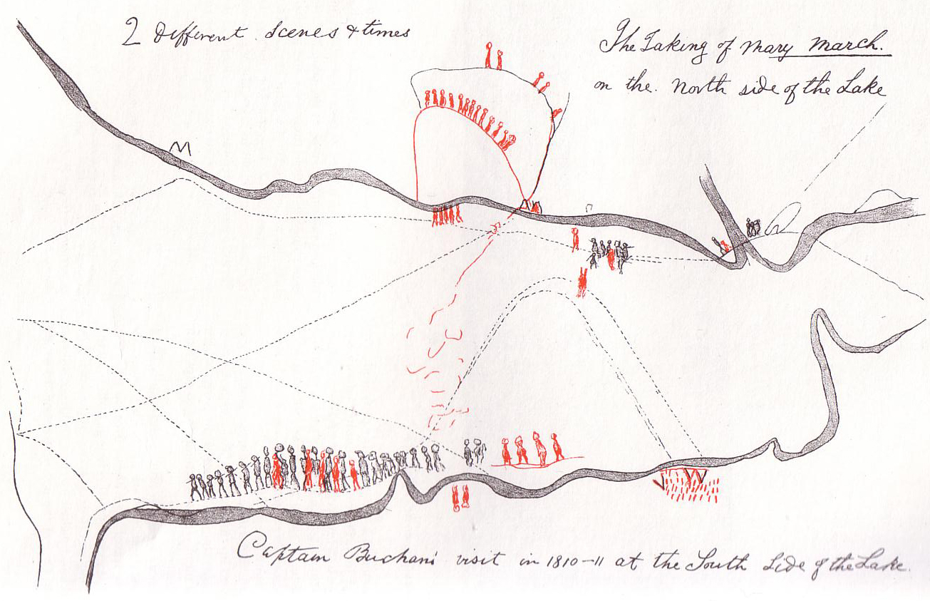 Shanawdithit’s drawing of the taking of Demasduit featuring annotations by Cormack.