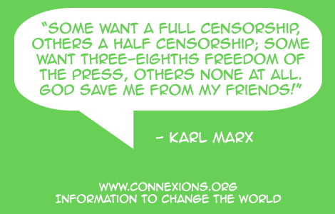 Some want a full censorship, others a half censorship; some want three-eighths freedom of the press, others none at all. God save me from my friends! -Karl Marx
