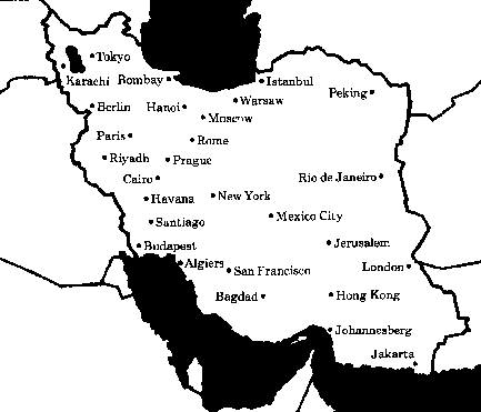 Detourned map of Iran, with Tehran etc. replaced by cities from around the world (New York, Moscow, Tokyo...)