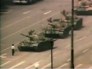 Man confronting tanks
