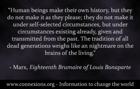 Human beings make their own history, but they do not make it as they please; they do not make it under self-selected circumstances, but under circumstances existing already, given and transmitted from the past. The tradition of all dead generations weighs like an nightmare on the brains of the living. - Karl Marx