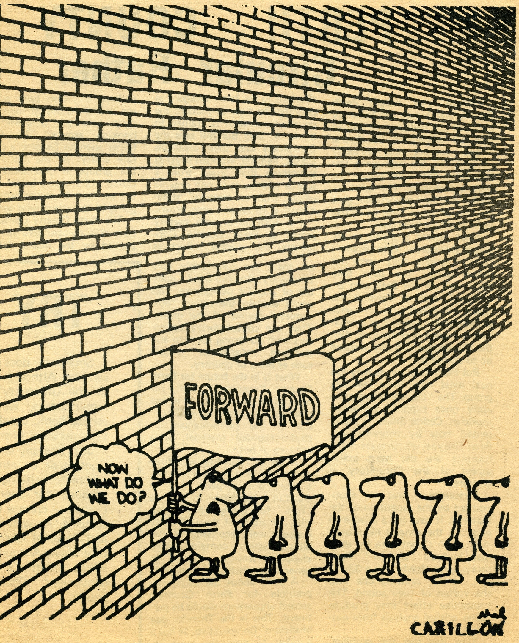 cartoon men trying to march through a brick wall