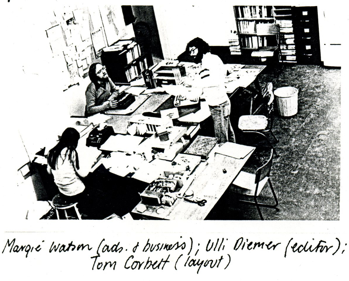 Margaret Watson, Ulli Diemer, Tom Corbett in 7 News office at 315 Dundas St. East