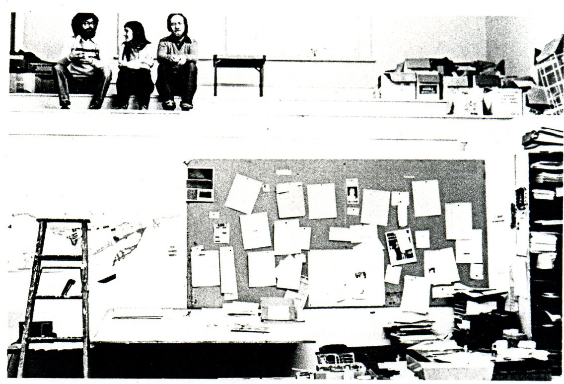 Tom Corbett, Margaret Watson, Ulli Diemer in 7 News office at 315 Dundas St. East